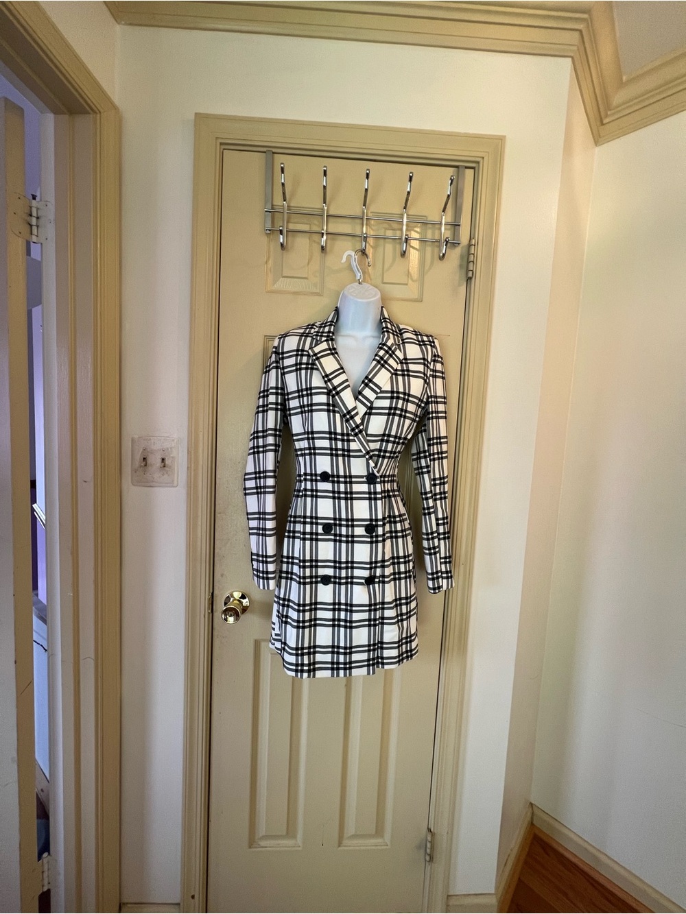 Bershka Black and White Plaid Double-Breasted Blazer Dress